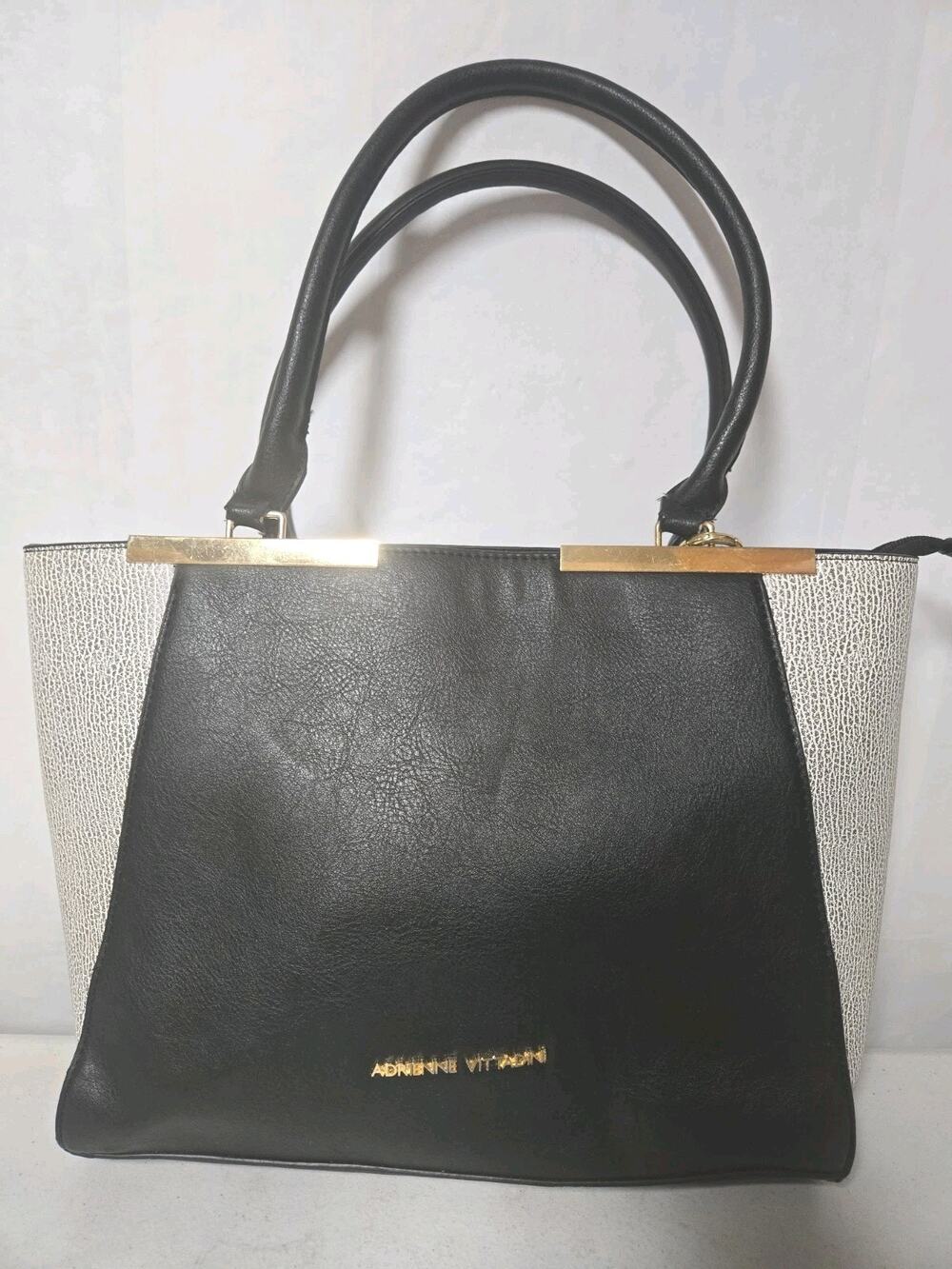 Adrienne Vittadini Large Black Leather Double Strap Tote Shoulder Black Grey